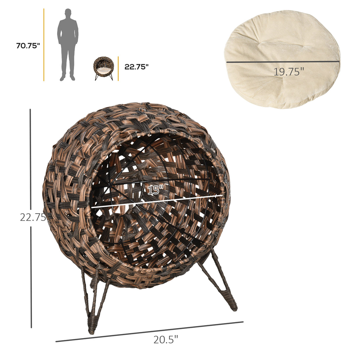Woven Rattan Globe Cat Condo on Hairpin Legs, Brown (view 6)