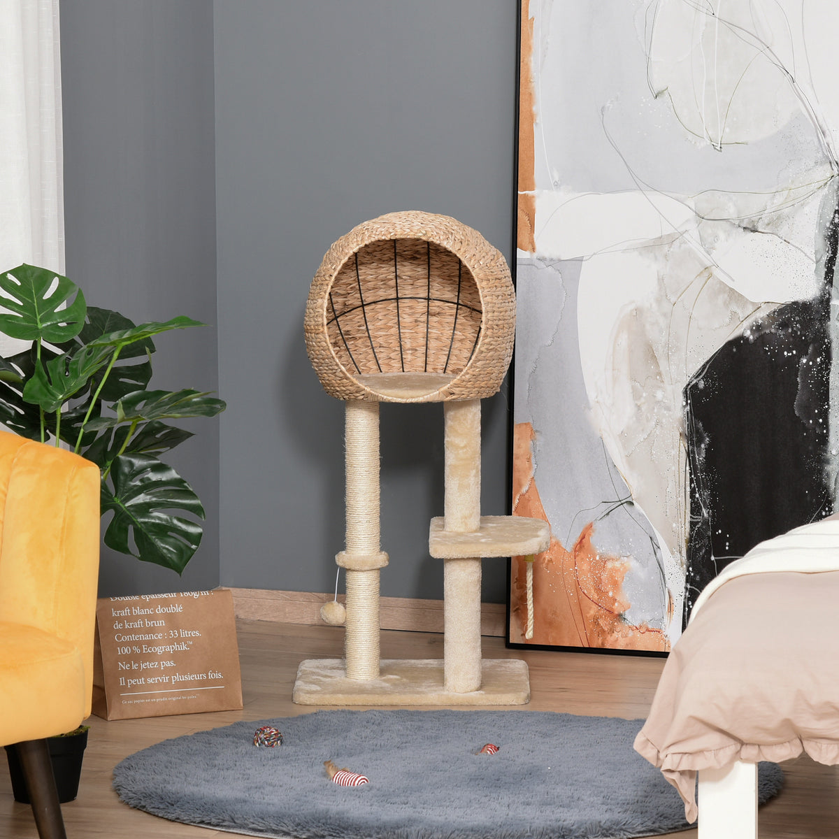 39" Woven Seagrass Globe Cat Tree, Dual Sisal Posts, Mid-Level Platform & Hanging Toys (view 8)