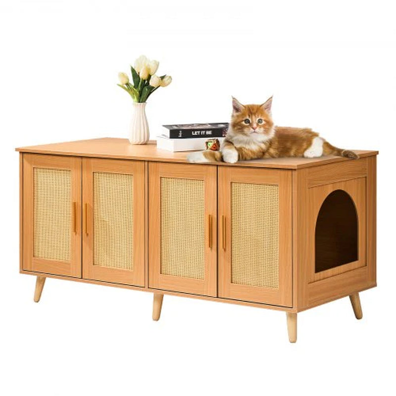 Cat Litter Box Enclosure for 2 Cats, Litter Box Furniture Hidden with Rattan Decorated Doors, Wooden Cat Box Cabinet Fit Most of Litter Box, 47.2'L X 19.7'W X 21.7'H, Natural