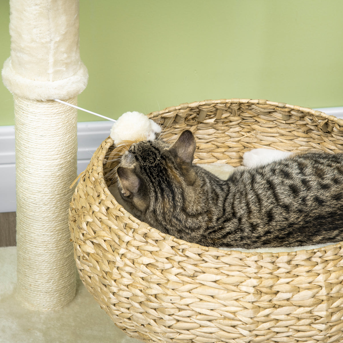 28" Woven Cattail Cat Tree, Bowl Bed, Ring Perch, Dual Sisal Posts & Pom-Pom Toy (view 7)