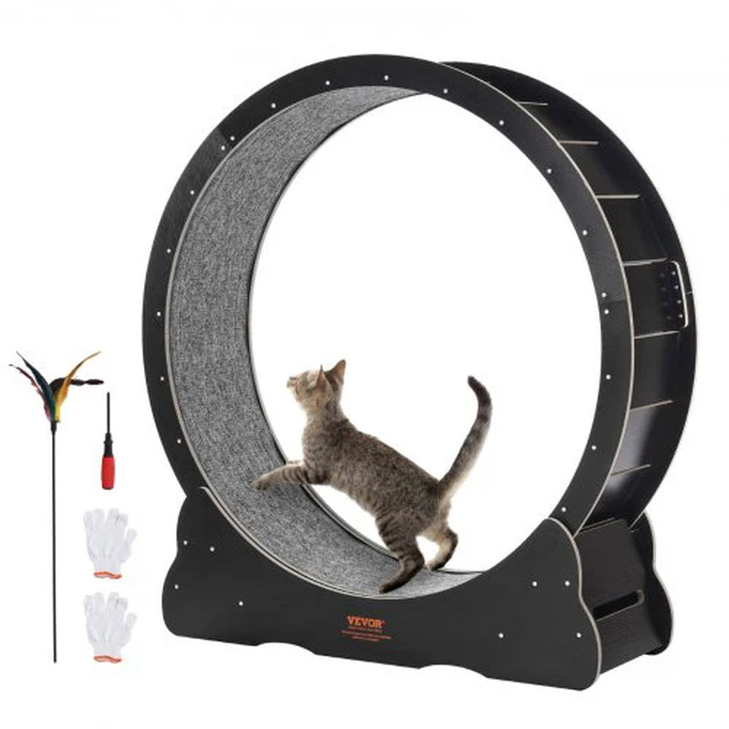 Wooden Cat Exercise Wheel, 43.3' Large Cat Treadmill Wheel for Indoor Cats, Cat Running Wheel with Detachable Carpet & Cat Teaser for Running/Walking/Training, Suitable for Most Cats Black