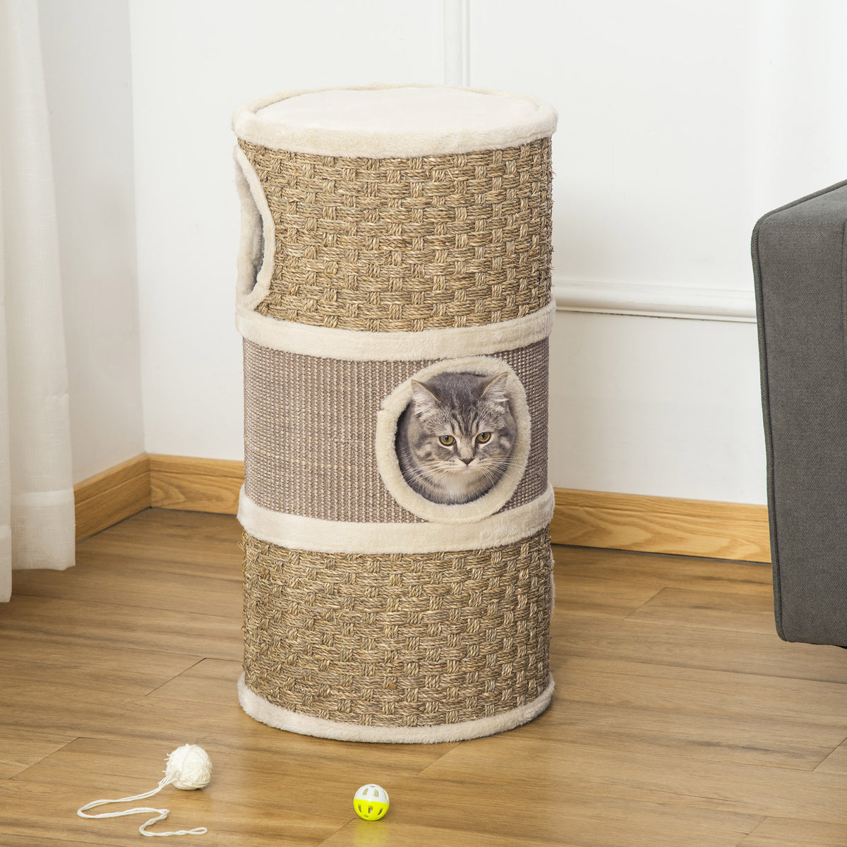 28" 3-Tier Seaweed Rope & Sisal Cat Barrel Tower, Interconnecting Dens, Scratch Panel & Plush Top Perch (view 8)