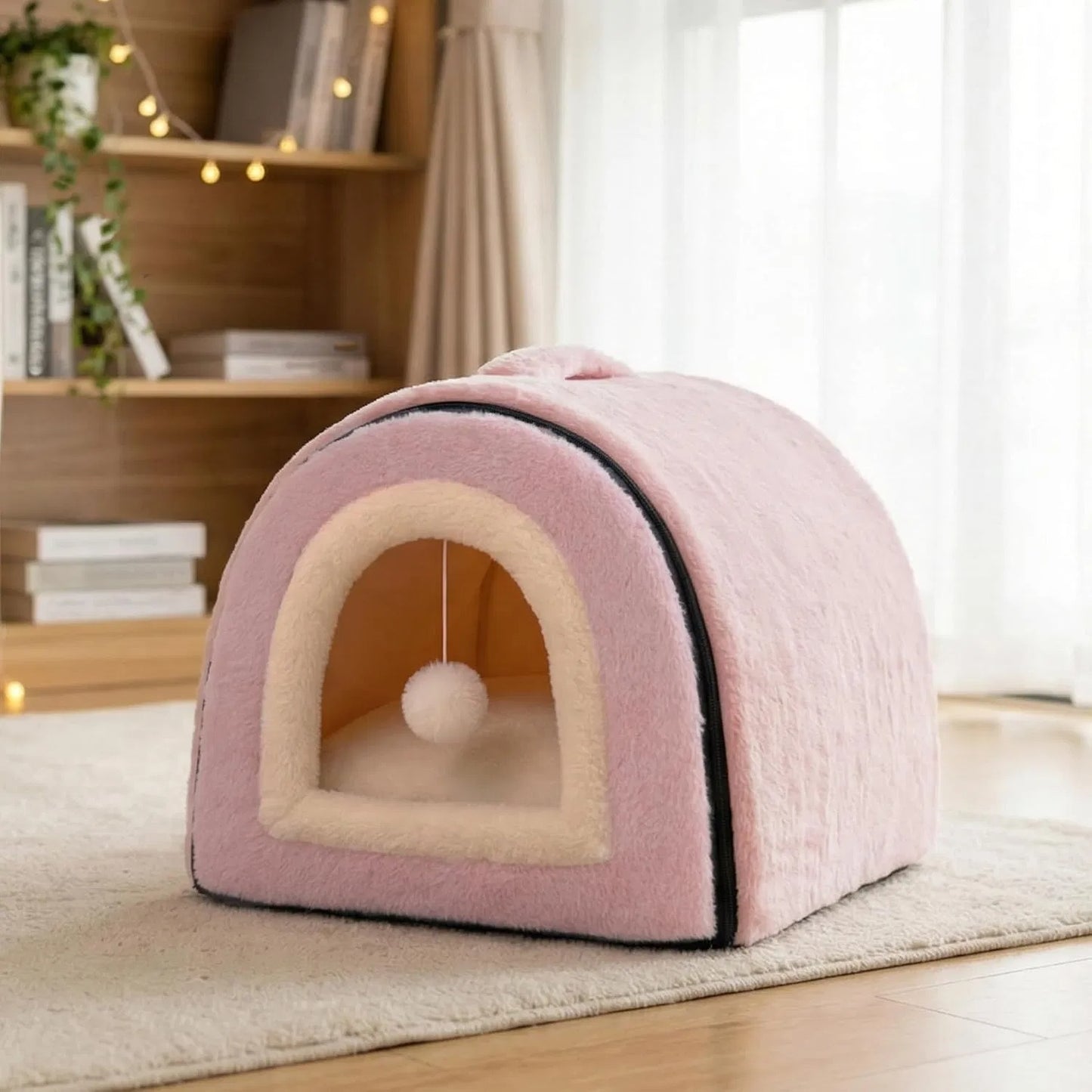 Foldable cat cave with pompom