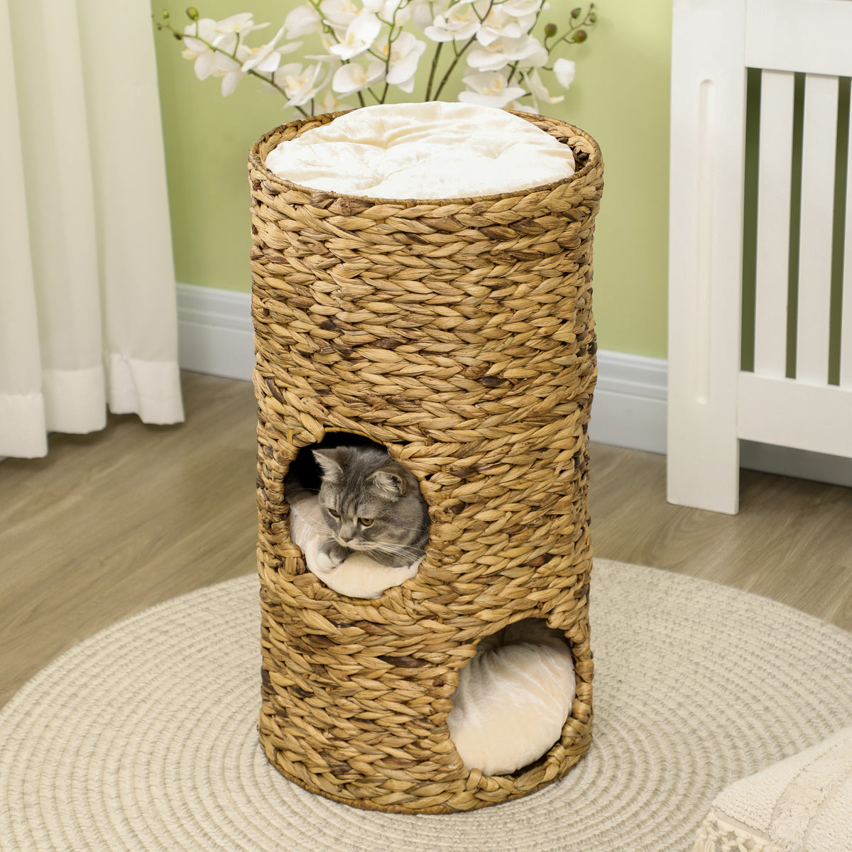 3-Story Woven Water Hyacinth Cat Tower Condo, Steel Frame, Soft Cushions & No Assembly (view 8)
