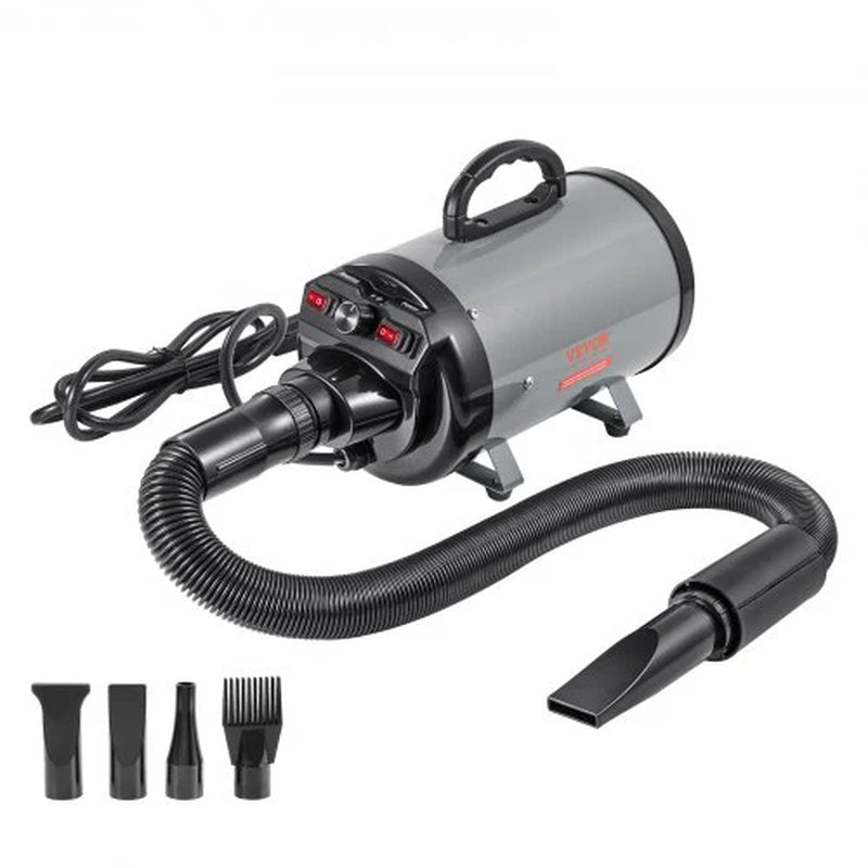 Dog Dryer, 2000W/2.7HP Dog Blow Dryer, Pet Grooming Dryer with Adjustable Speed and Temperature Control, Pet Hair Dryer with 4 Nozzles and Extendable Hose, Grey and Black