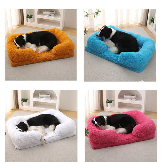 Dog resting in calming plush rectangular winter bed