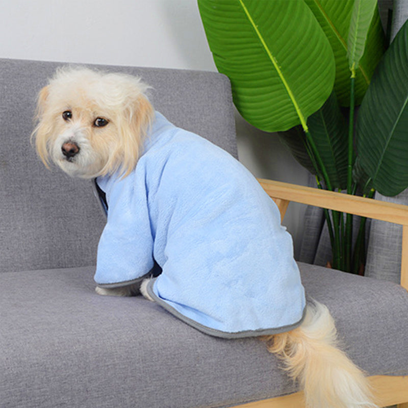 Dog wearing fast-drying microfiber bathrobe after bath
