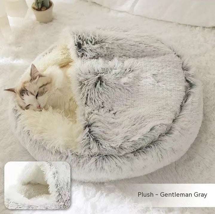 2-in-1 Round Plush Calming Pet Bed