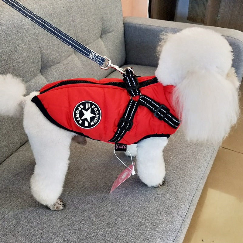 Waterproof dog winter jacket with integrated harness loop