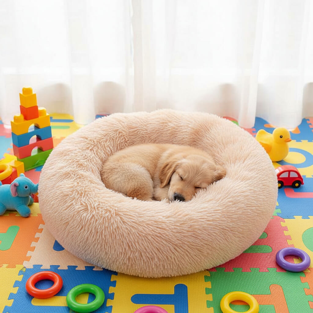 Plush pet bed with anti-slip base in sizes 40cm to 120cm
