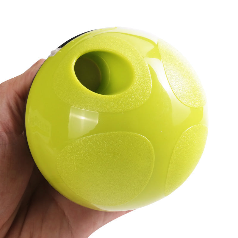 Dog nudging wobbly treat puzzle ball to release treats