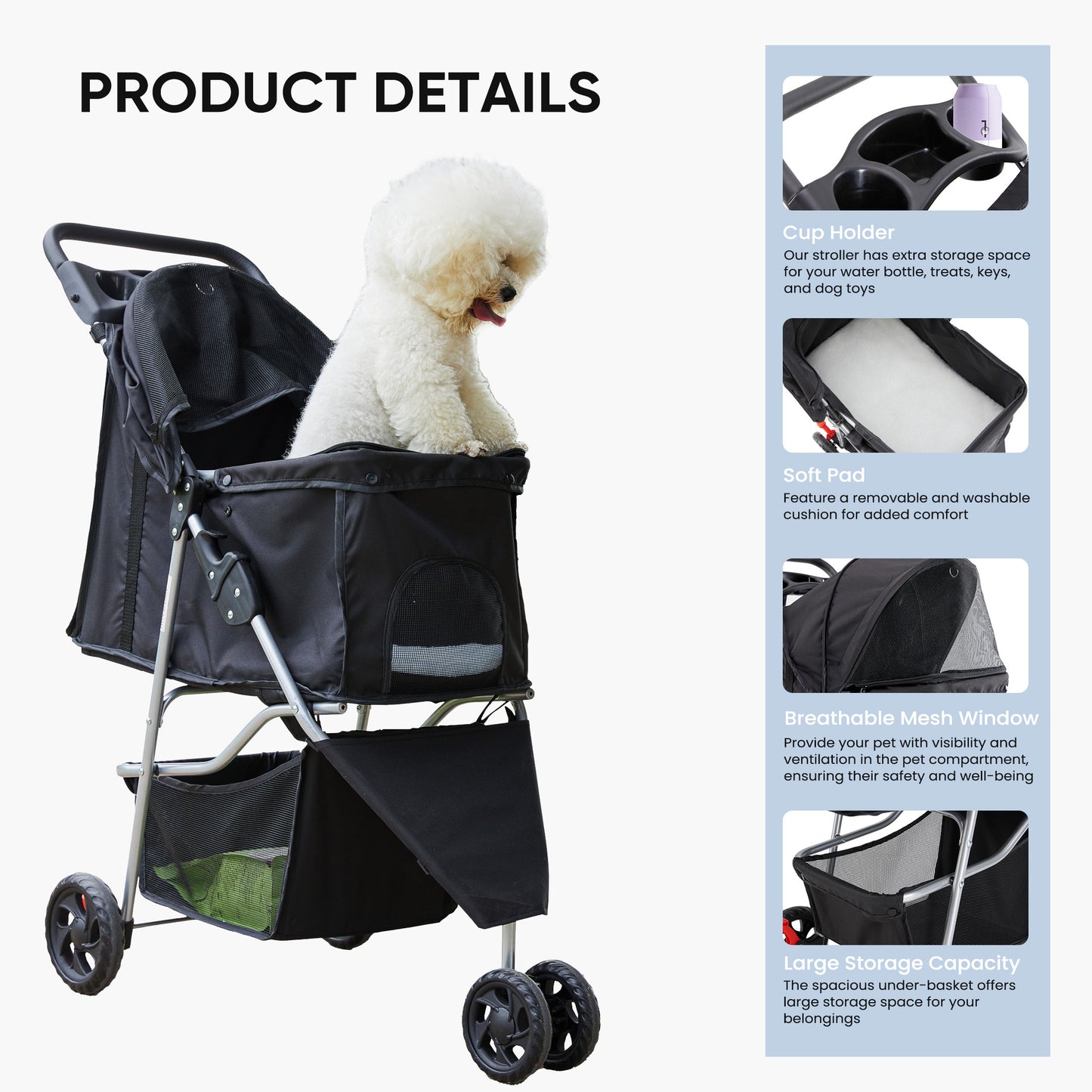 Spacious Foldable Pet Stroller Cart