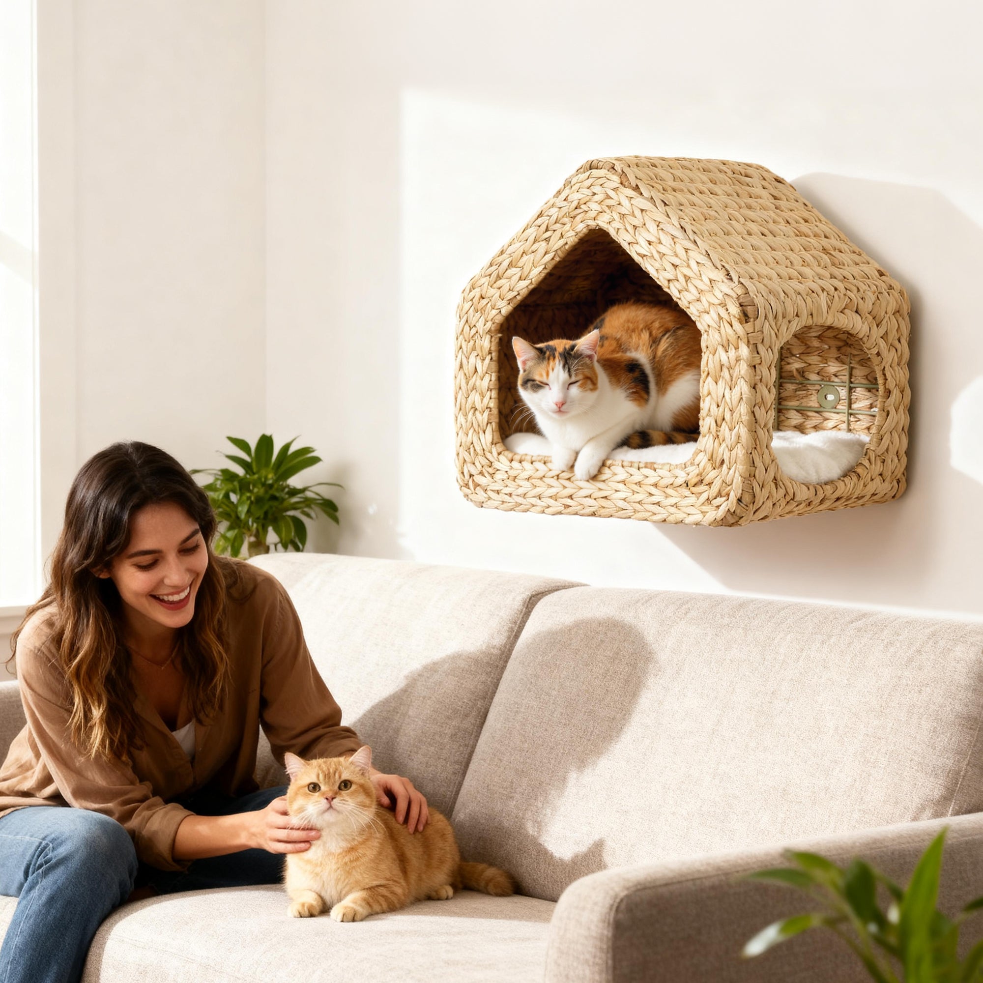 Wall-mounted natural wood cat house shelf perch