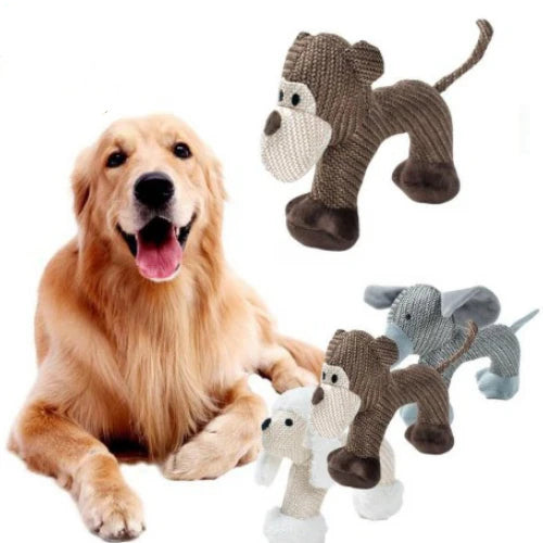 Squeaky plush dog toys in elephant monkey and poodle styles