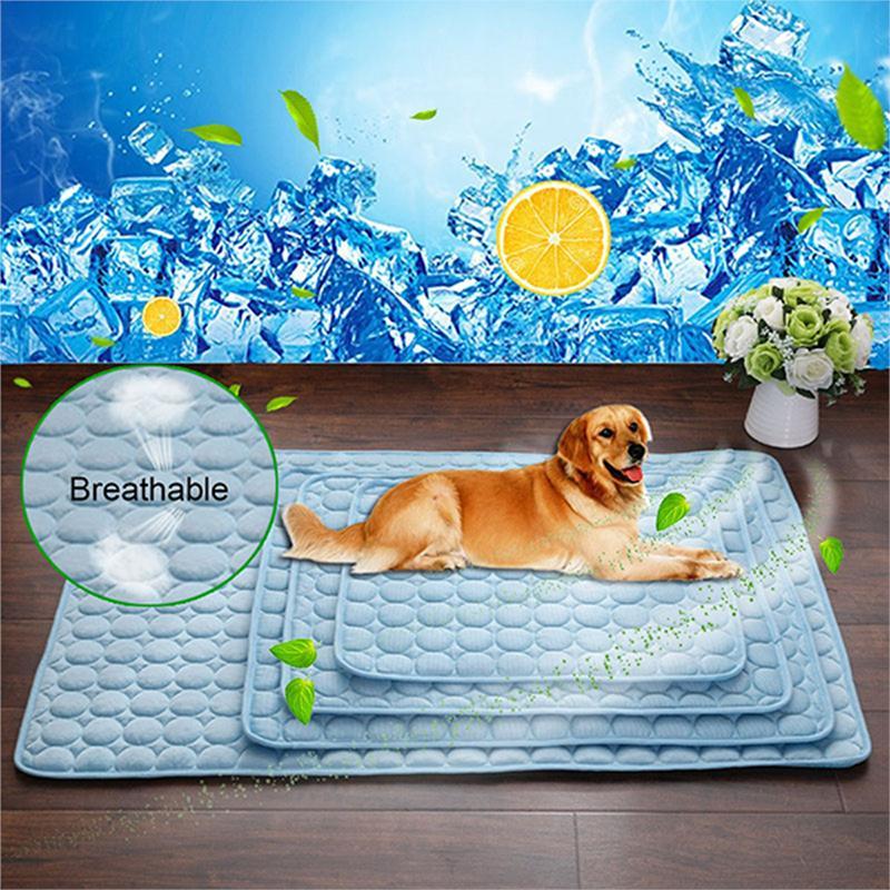 Dog lying on ice silk cooling mat staying cool in summer