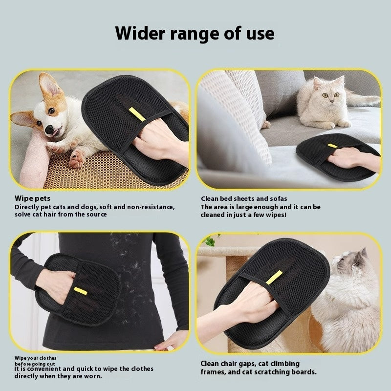 Pet owner using deshedding glove on dog removing loose fur