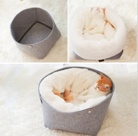 Cat curled up inside plush enclosed nest bed with removable cushion