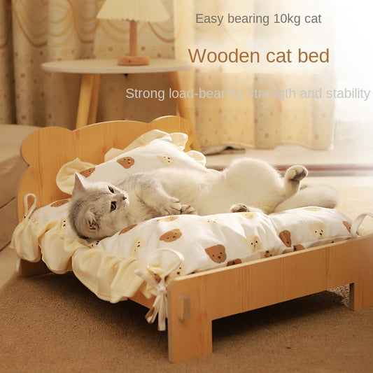 Solid Wood Princess Cat Bed with Removable Cushion