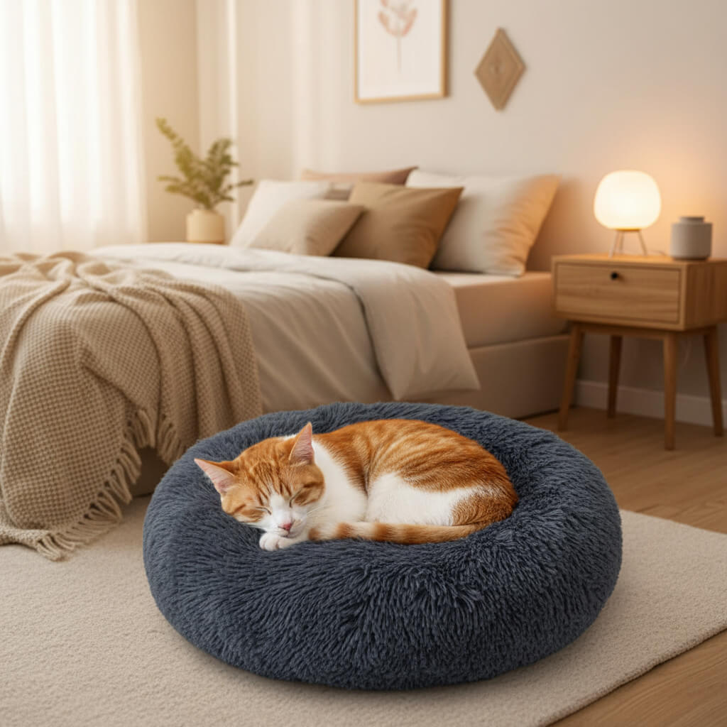 Dog sleeping soundly on anti-slip plush warm bed