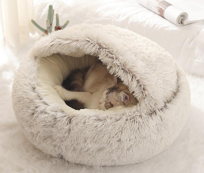 2-in-1 Round Long Plush Dog and Cat Bed
