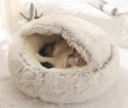 2-in-1 Round Long Plush Dog and Cat Bed