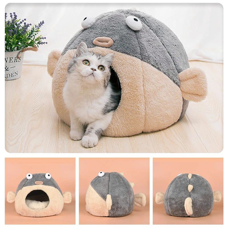Puffer Fish Cave Cat Bed, Cute Enclosed Igloo for Cats & Small Dogs (view 4)