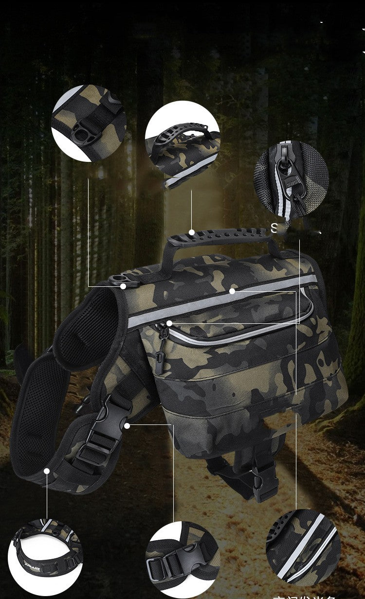 Dog wearing adjustable Oxford harness backpack on a hike