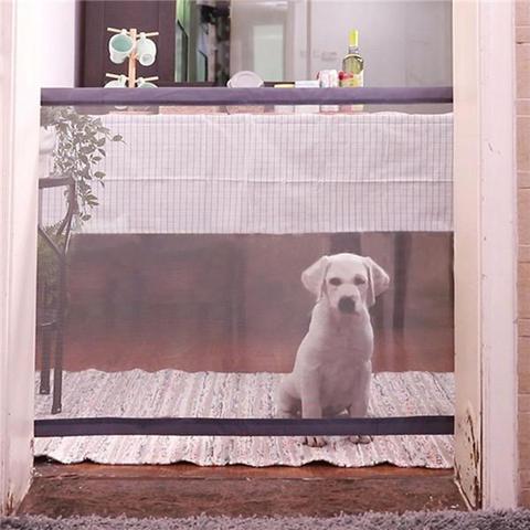 Foldable pet safety gate showing see-through panel design