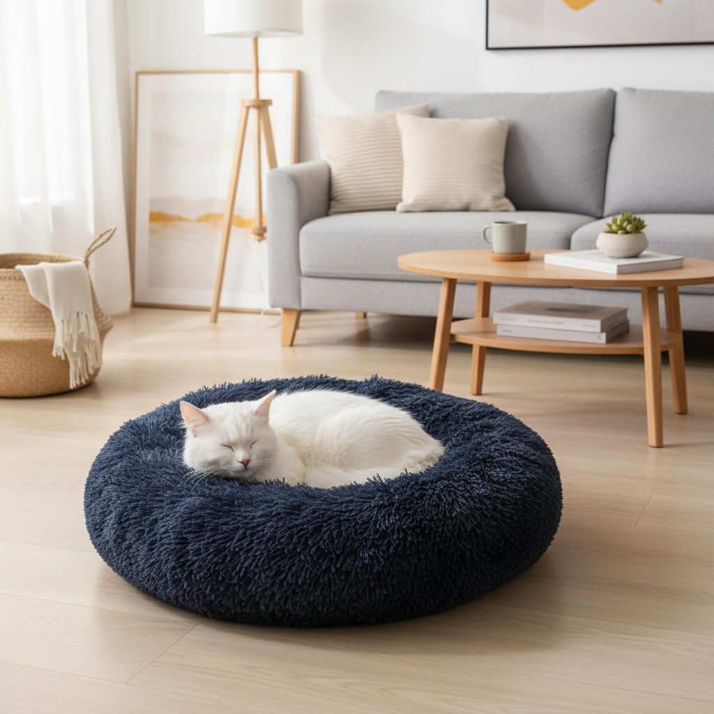 Warm plush dog sleeping bed showing non-slip bottom