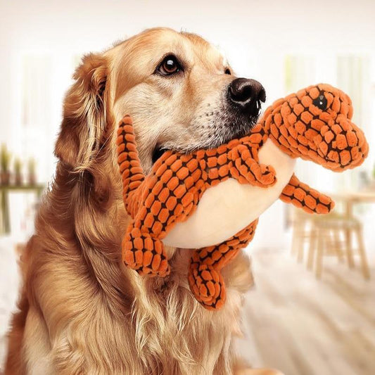 Oversized squeaky dinosaur plush chew toy for large and medium dogs