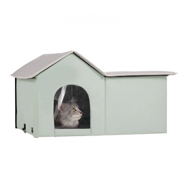 Heated Cat House, Outdoor Kitty Shelter with Adjustable Temperature and Timer, 600D Oxford Cloth Foldable Cat Shelter with Heated Pad for Winter to Stay Warm and Cozy, Green (Large)