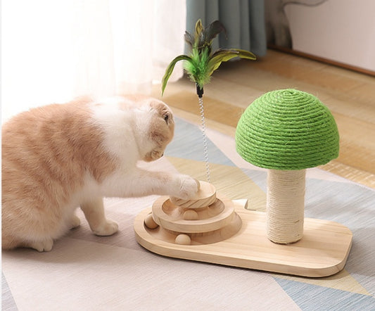 Dual sisal cat scratch post with interactive sisal balls for claw sharpening