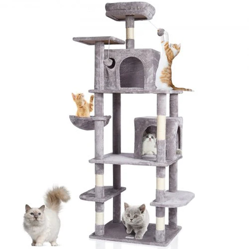 Cat Tree for Indoor Cats, 68.5' Cat Tower with 2 Cat Condos, Sisal Scratching Post, Hammock, Top Perch, Jumping Platforms, Large Cat Furniture Activity Center with Hang Ball, Light Grey