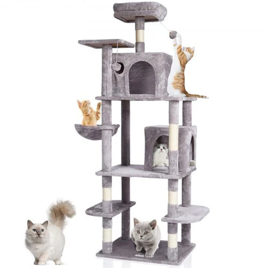 Cat Tree for Indoor Cats, 68.5' Cat Tower with 2 Cat Condos, Sisal Scratching Post, Hammock, Top Perch, Jumping Platforms, Large Cat Furniture Activity Center with Hang Ball, Light Grey