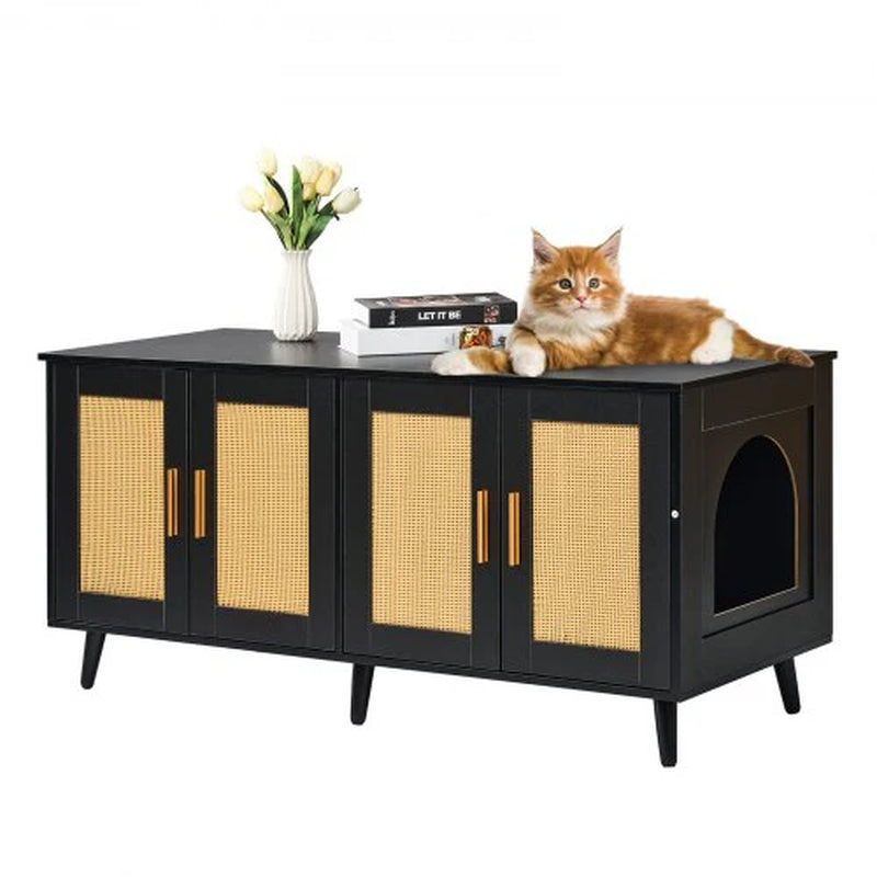Cat Litter Box Enclosure for 2 Cats, Litter Box Furniture Hidden with Rattan Decorated Doors, Wooden Cat Box Cabinet Fit Most of Litter Box, 47.2'L X 19.7'W X 21.7'H, Black