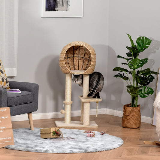 39" Woven Seagrass Globe Cat Tree, Dual Sisal Posts, Mid-Level Platform & Hanging Toys