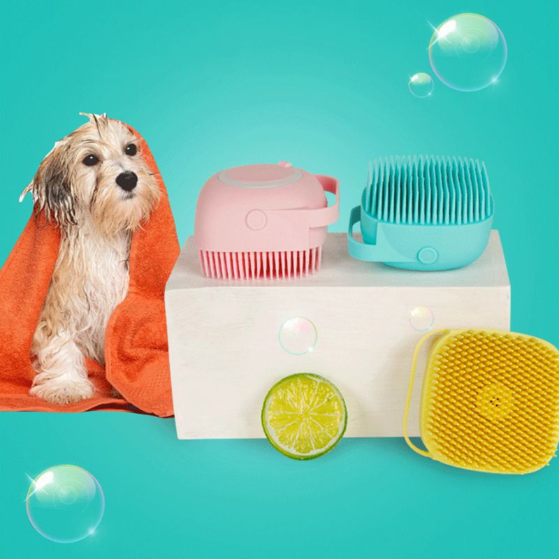 Silicone scrubber releasing shampoo while massaging dog coat