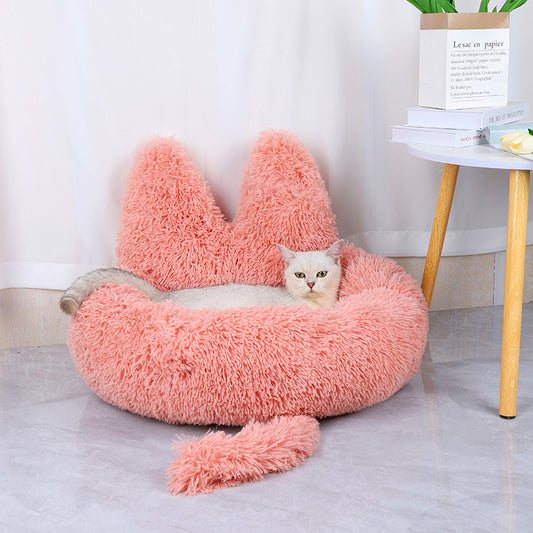 Round All-Season Long Plush Cat and Dog House Bed