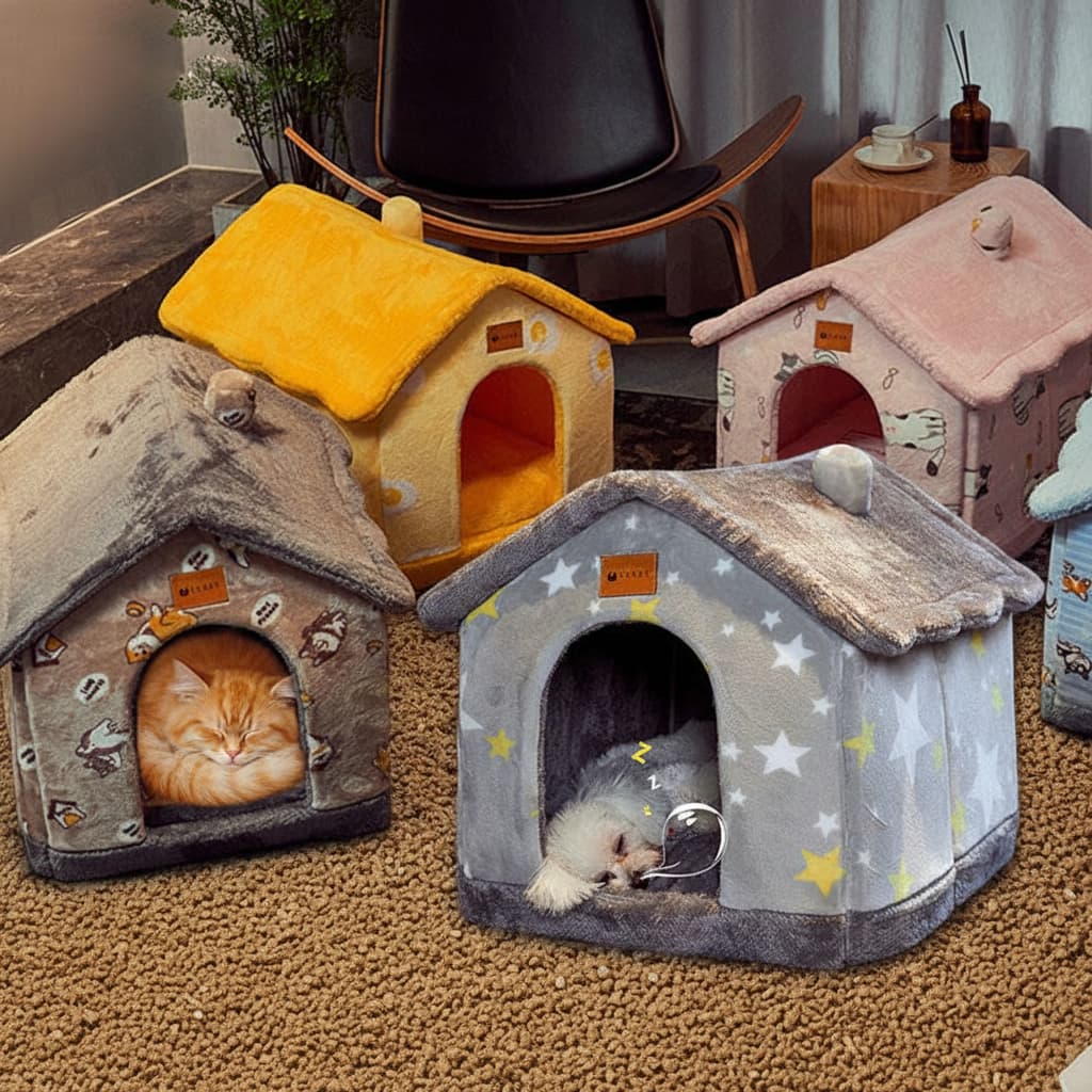 Self-warming foldable enclosed plush pet villa house for cats and small dogs