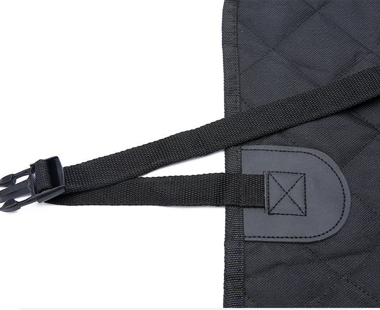 Dog car seat cover showing mesh window and storage pockets