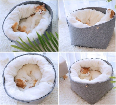 Enclosed pet nest bed showing removable sleeping cushion