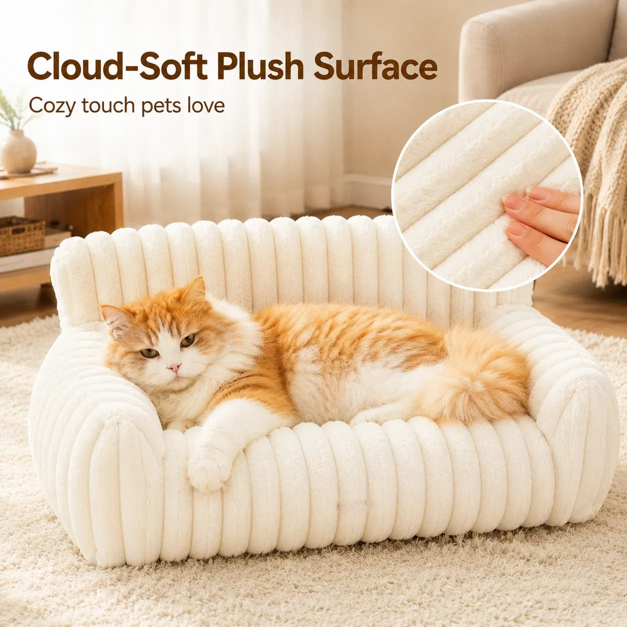 Fluffy cat couch bolster detail