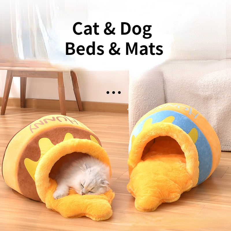 Honey Jar Canned Cartoon Warm Winter Cat Nest Bed Thick Plush Enclosed Cave for Cats and Small Dogs