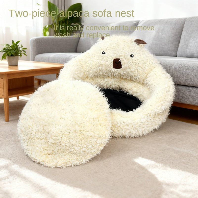 Semi-Enclosed Alpaca Plush Pet Bed