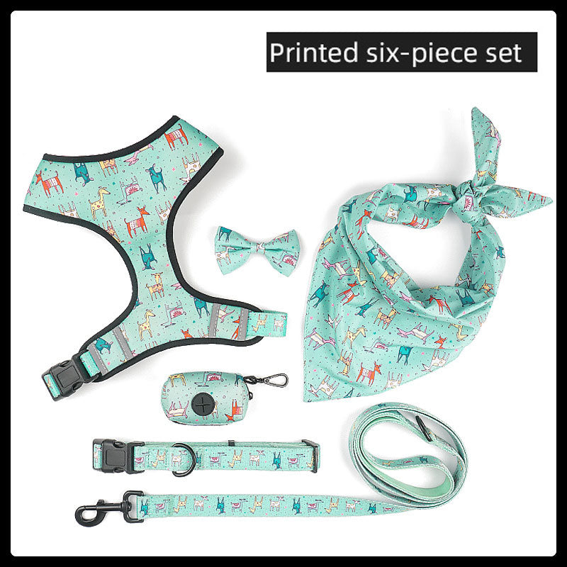 Printed Double-Sided Polyester Dog Chest Harness and Strap 6-Piece Set