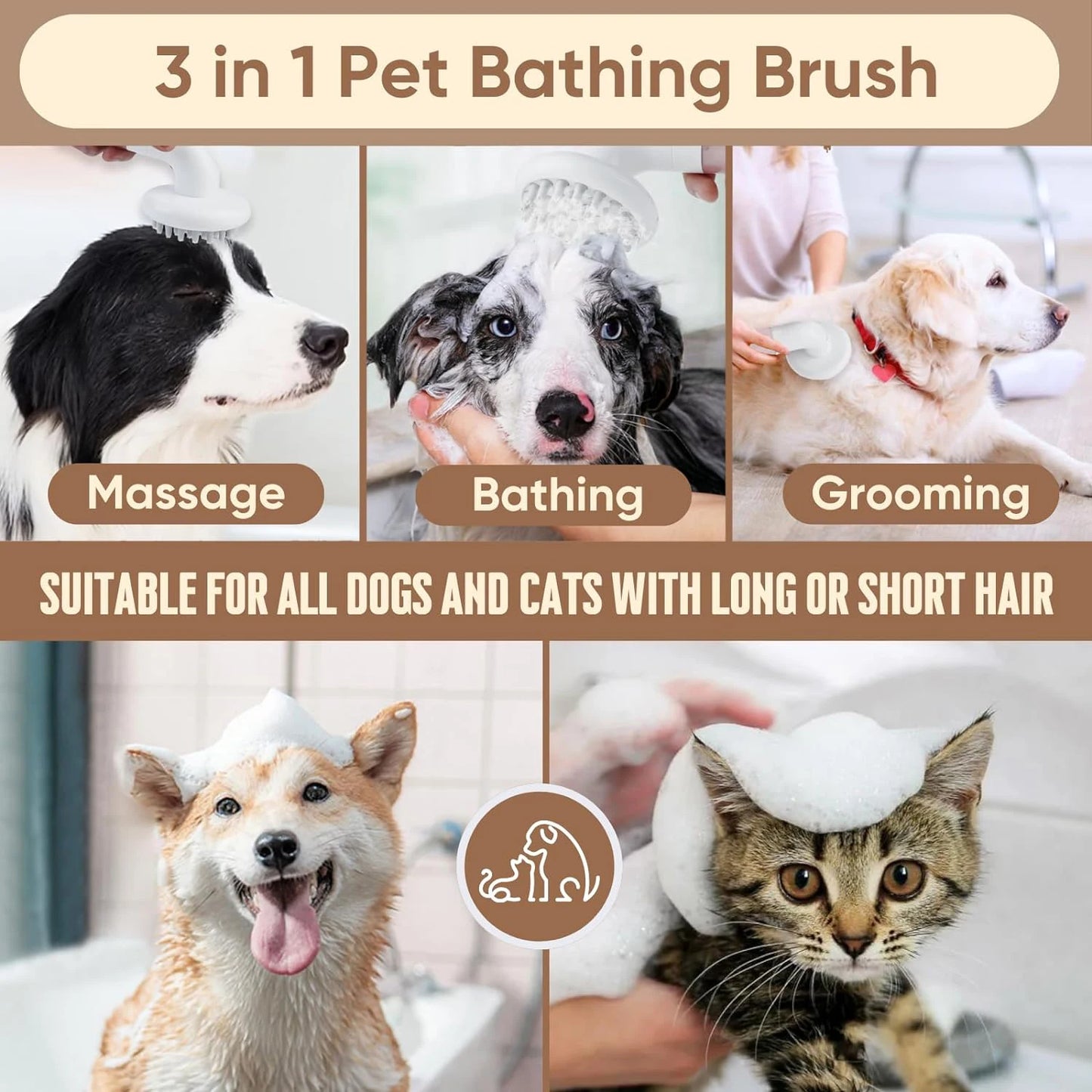 3-in-1 Pet Bath Brush with Shampoo Dispenser – Silicone Massage Grooming Brush for Dogs & Cats