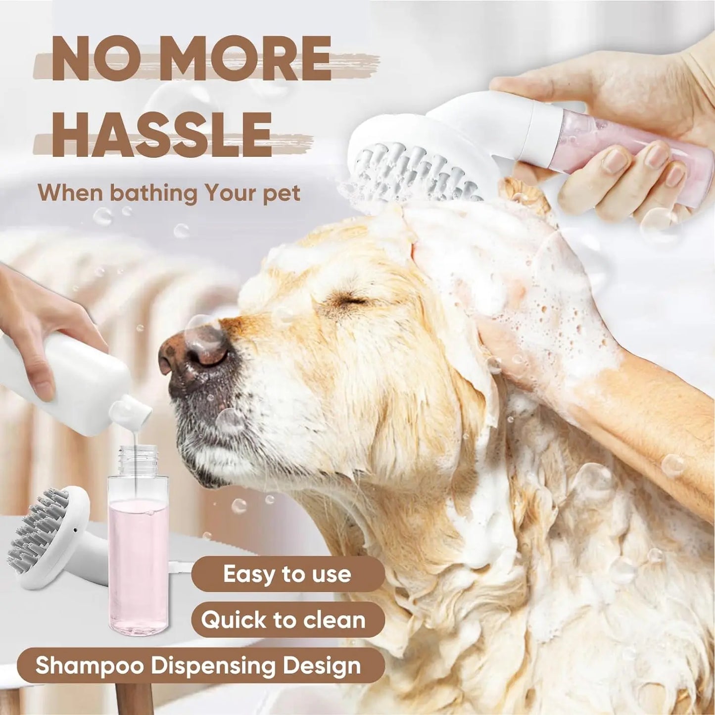 3-in-1 Pet Bath Brush with Shampoo Dispenser – Silicone Massage Grooming Brush for Dogs & Cats
