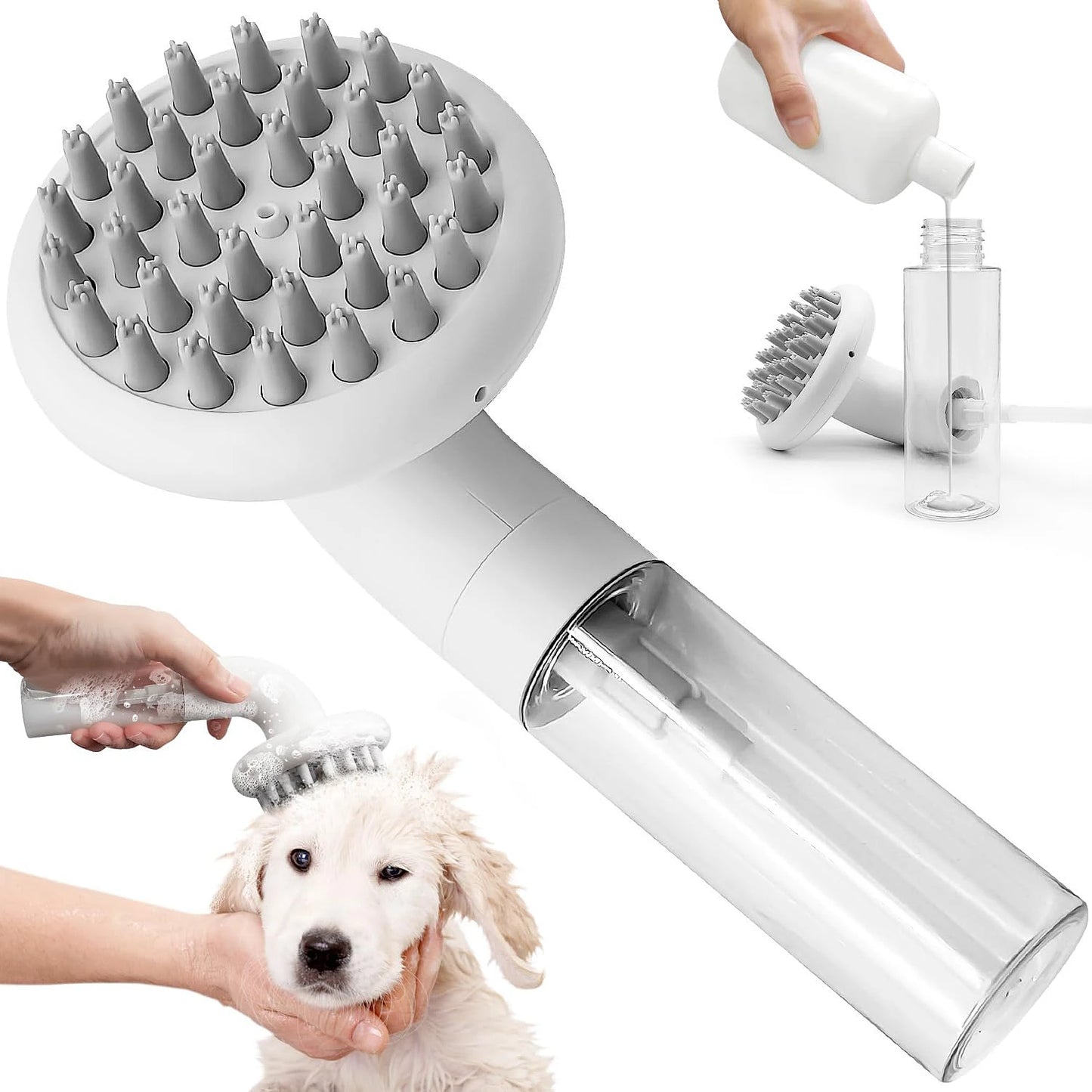 3-in-1 Pet Bath Brush with Shampoo Dispenser – Silicone Massage Grooming Brush for Dogs & Cats