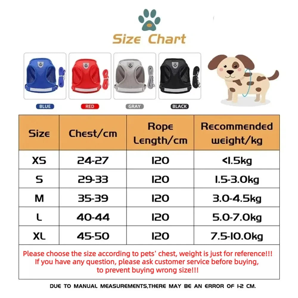 Dog harness size chart with color options and measurements