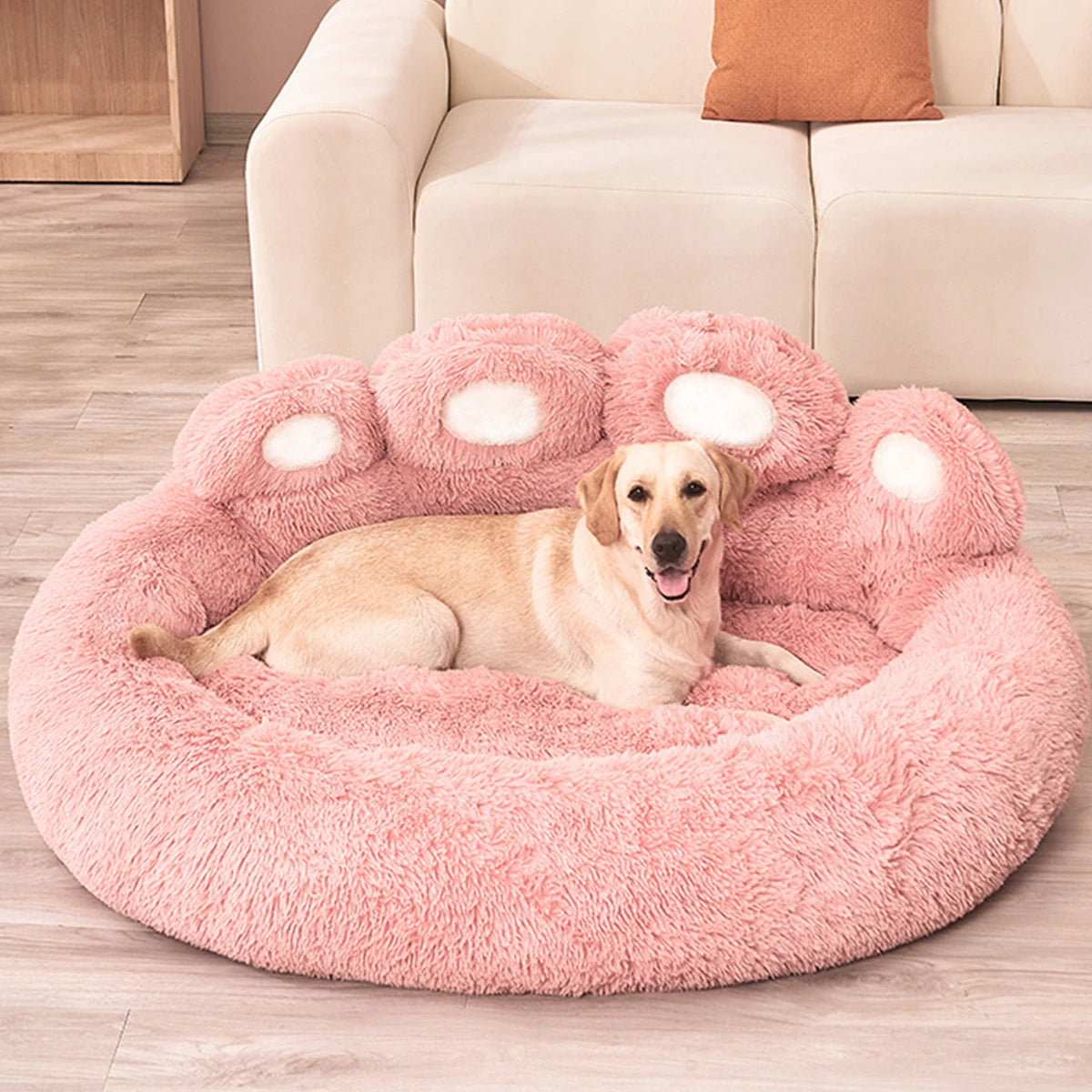 Fluffy dog sofa basket bed with cushioned rim